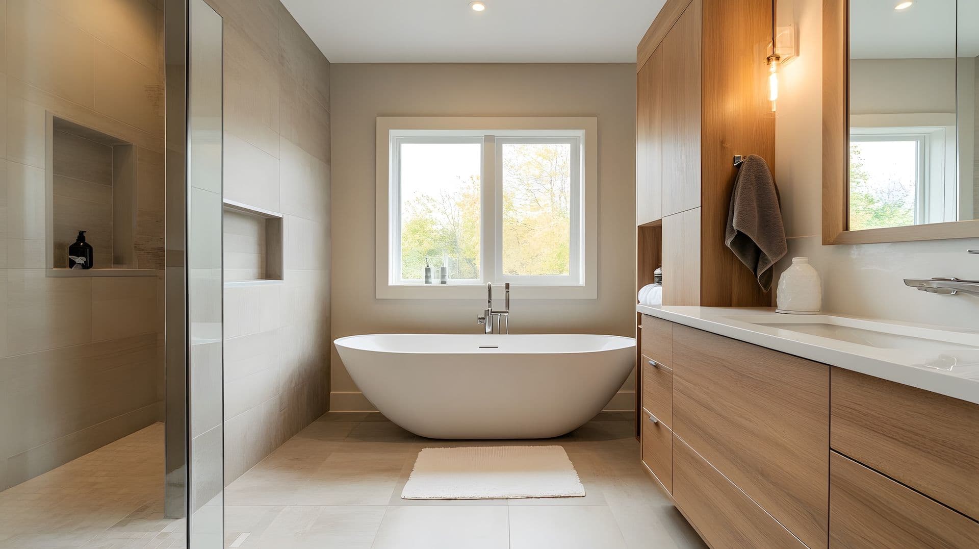 Modern bathroom with wooden cabinets and a sleek white oval soaking bathtub under a large window.