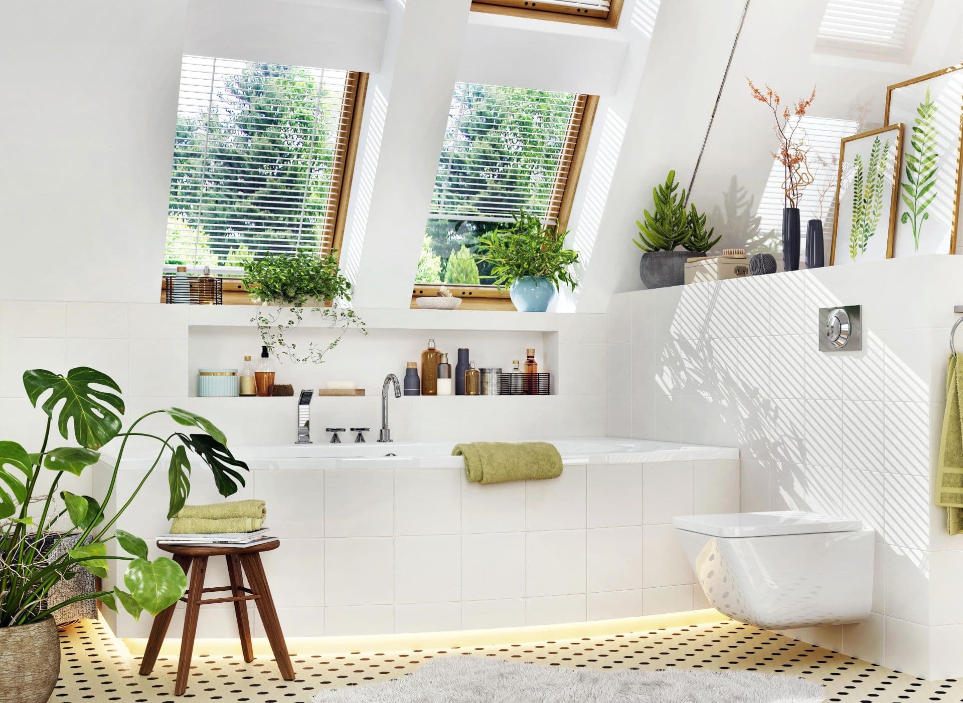 Bright bathroom with skylights, lush greenery, and minimalist decor. White tiles and a mix of wood accents create a fresh, serene atmosphere.