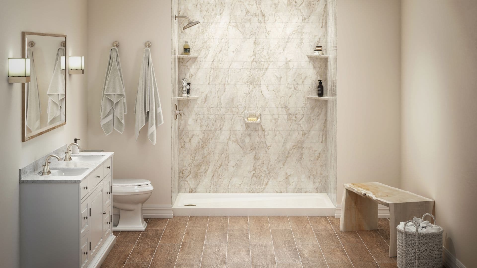 Modern bathroom with marble shower, wooden floor, and beige walls. Includes dual sinks, large mirror, bench, and towels.