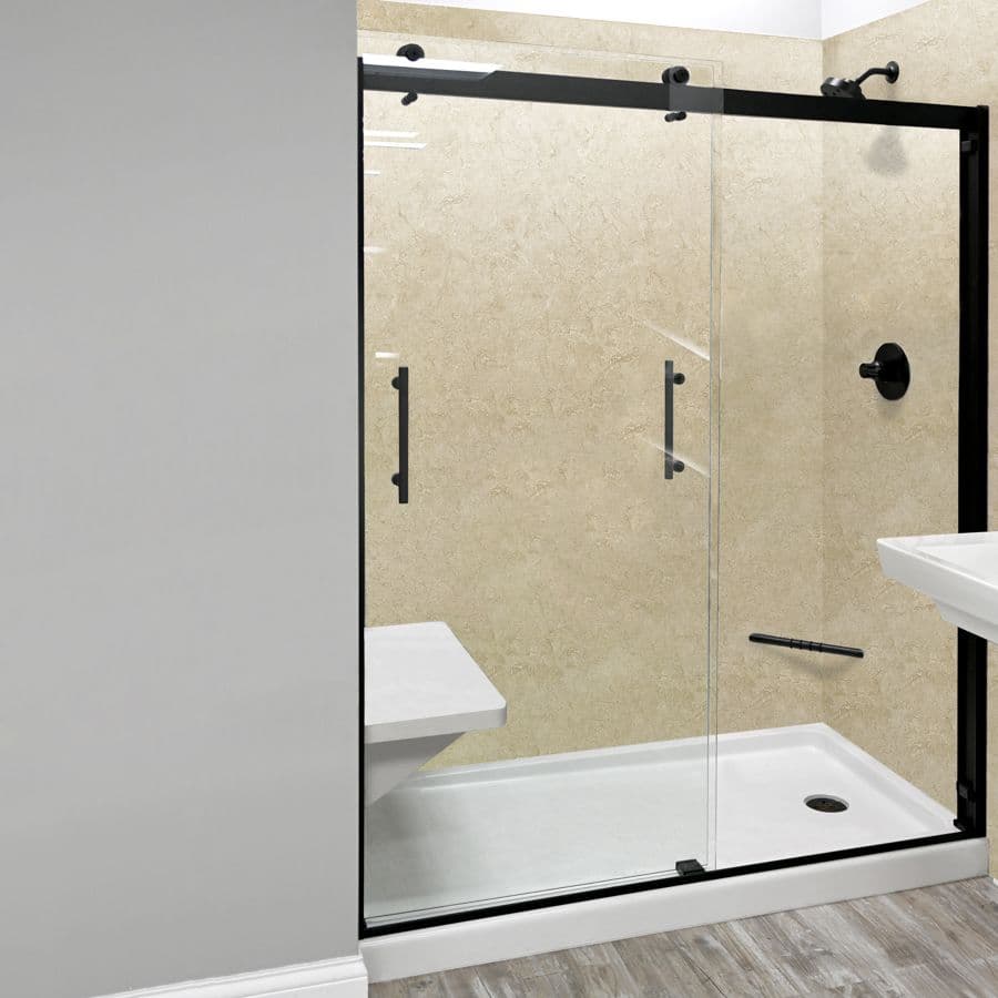 Modern gray bathroom with glass shower enclosure featuring black metal accents, beige textured walls, built-in bench seat, and a white shower base on wood-style flooring.